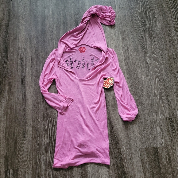 NWT! NICKY HILTON PINK THIN LONG SLEEVE SHIRT W/ EXTRA LONG HOOD - Picture 10 of 11